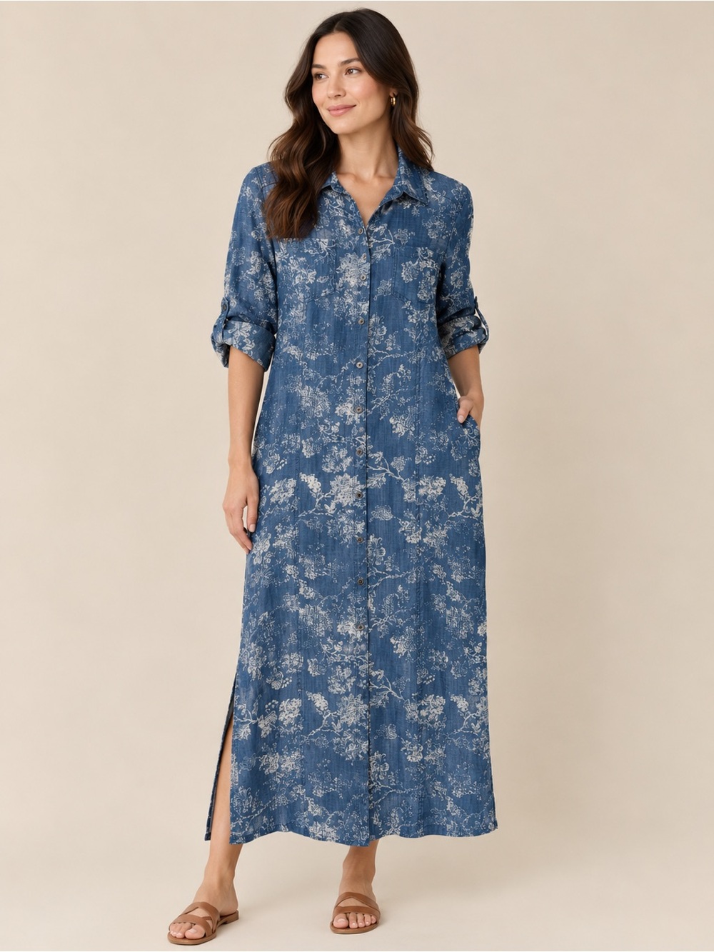 Chico's Denim Blue Floral Maxi Shirt Dress 3/4 Sleeve Size 1.5